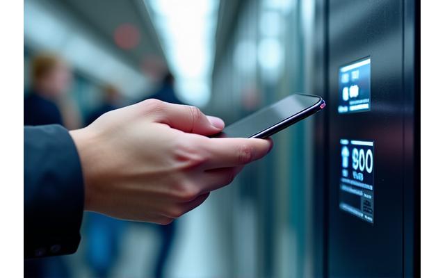 Close-up of a hand tapping a smartphone on a public transport card reader, illustrating contactless payment.