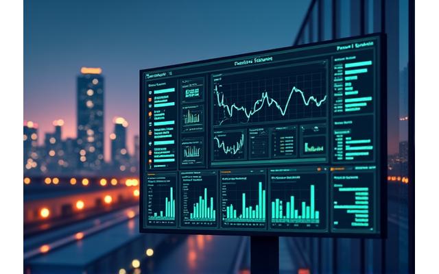 Data visualization dashboard showing graphs and charts related to public transport metrics, with a city skyline in the background.