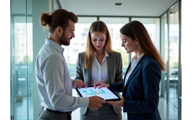Three business professionals in a modern office looking at a digital tablet with charts, symbolizing strategic consulting and efficiency.