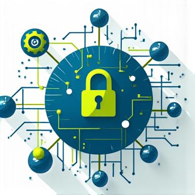 Abstract icon representing intellectual property rights and data security, with a stylized lock and interconnected digital symbols.
